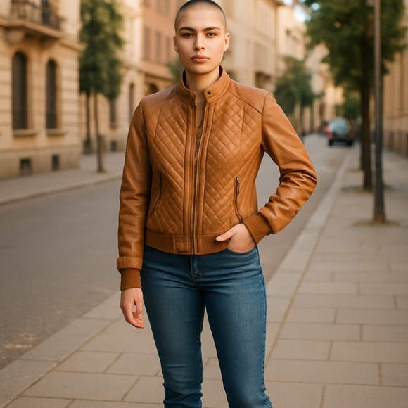 Ci Sono Cognac Brown Faux Leather Quilted Moto Jacket – Size Large - Picture 1 of 7